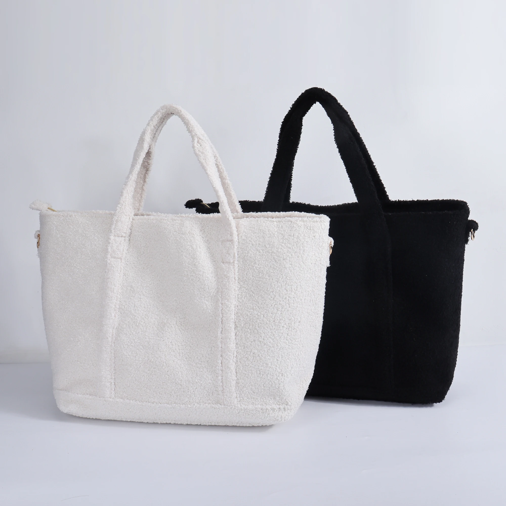 Sherpa Fleece Metal Zipper Tote Bag High Quality Women Winter Fuzzy Teddy Travel Hand Bags Student Ladies Tote Bag Shopping Tote