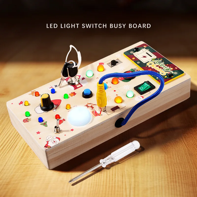 2023 CPC Chsirtmas Montessori Toddler  8 LED Light switches Sensory travel toys Baby Wooden Busy Board for kids