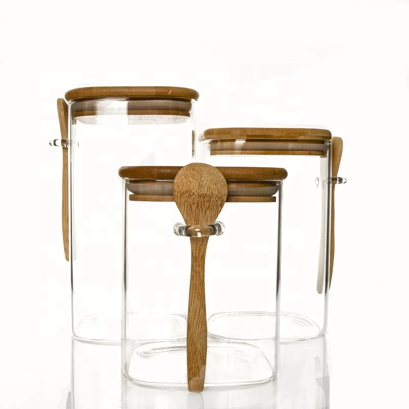 Wholesale 1000ml 1200ml 1500ml glass Kitchen Storage Square food Storage glass Jar With bamboo Lid and spoon