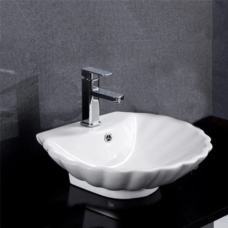European Single Sink Shell Shape Vessel Sink White Ceramic Counter Top Wash Basin Design