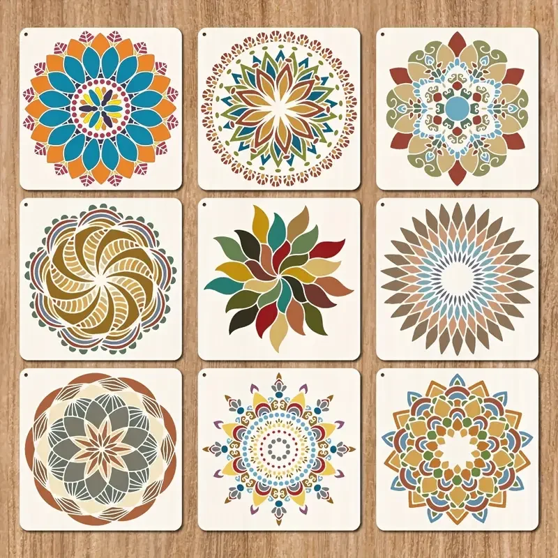 9PCS Durable Large Mandala Stencils Set 12 Inch Reusable Floral Patterns with Metal Ring Wall Painting Stencil