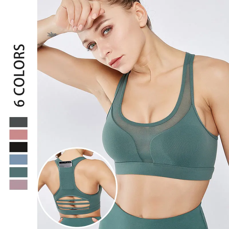 High Quality seamless Sports Bra  Sports Yoga Vest Back Pocket Fitness Shockproof Horizontal Bar Mesh High Impact Yoga Bra