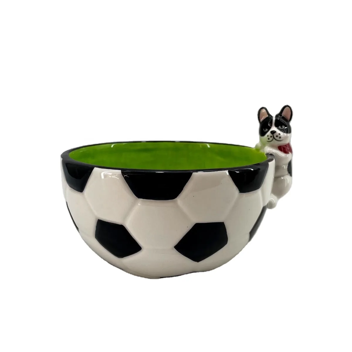 Hand painted ceramic football shaped candy bowl with dog handle