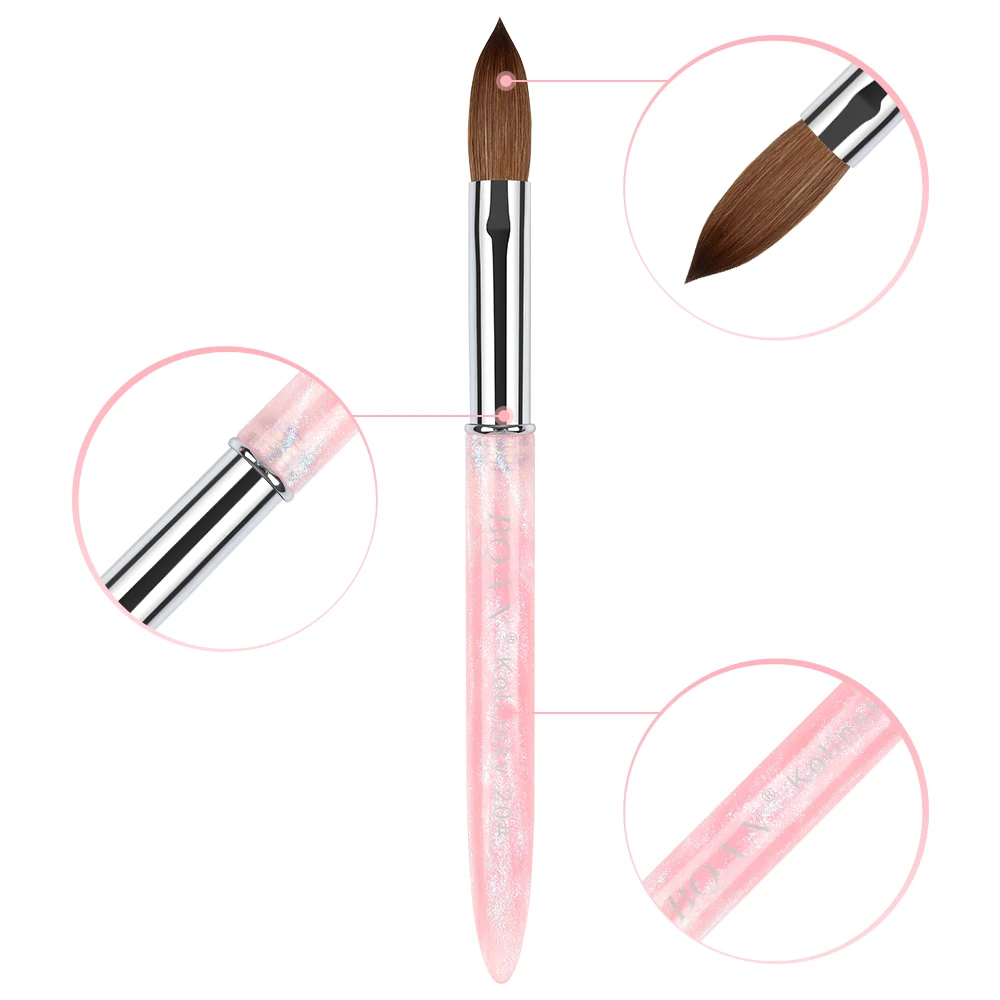 Factory Custom Logo Metal Acrylic Handle Acrylic Brush Pink Gradient Color 100% Pure Kolinsky Nail Art Brush Set