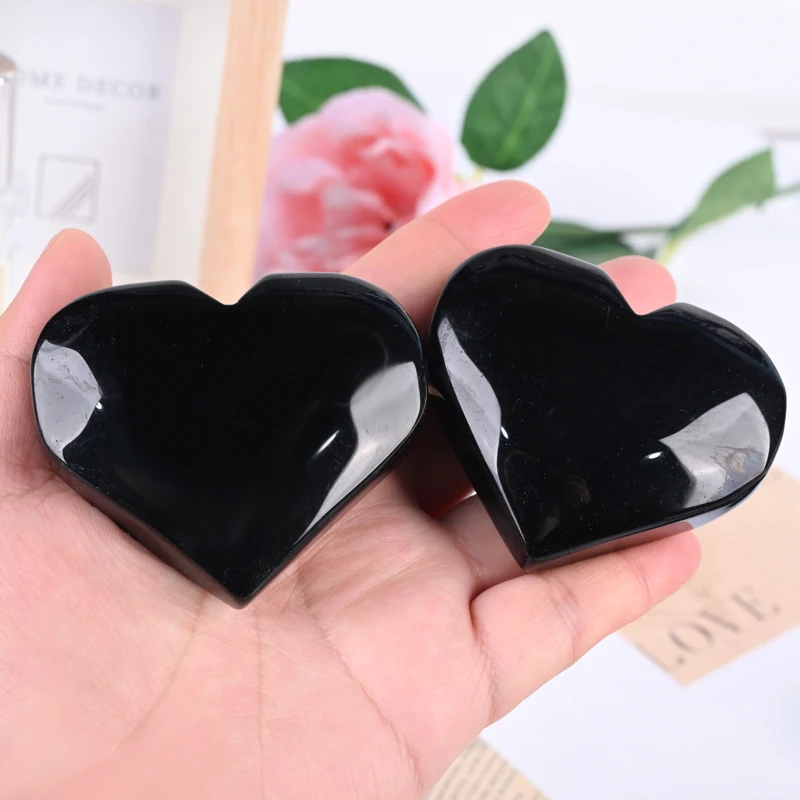 Hand Polished Healing Flashy Black Obsidian Heart Natural Crystal Gemstone Carved Heart for Decoration