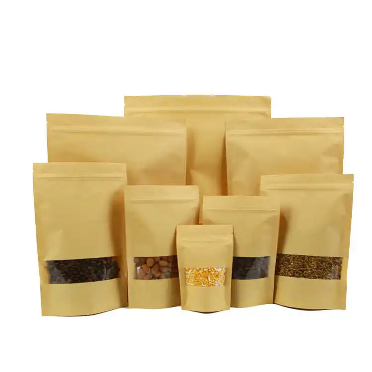 Factory Wholesale Food Packaging Doypack Stand up Pouch Plain Brown Kraft Paper Bag with Zip Lock for Tea Snack