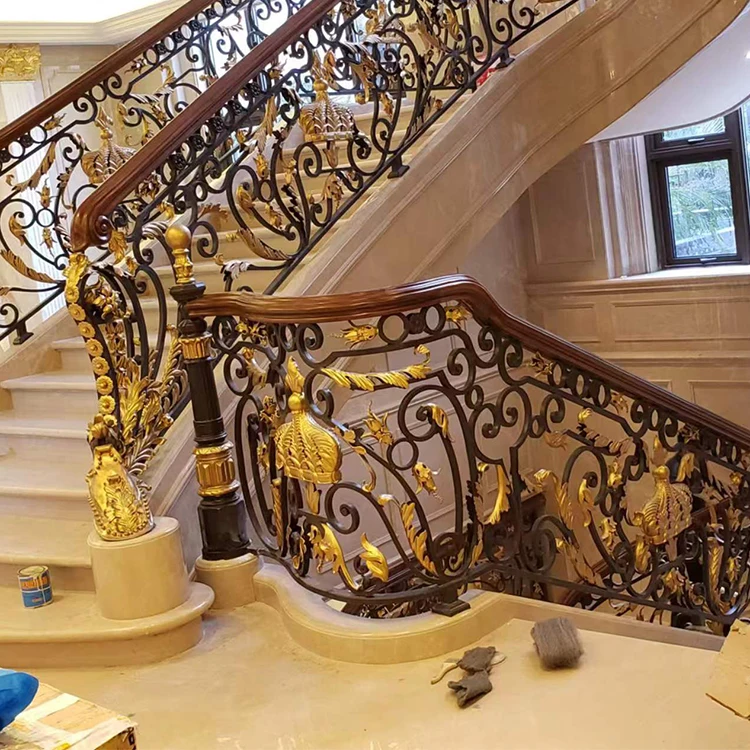 Antique Luxury Villas Wrought Iron Stair Entrance Decorative Interior Curved Stair Railing Metal Balustrade Balcony Design