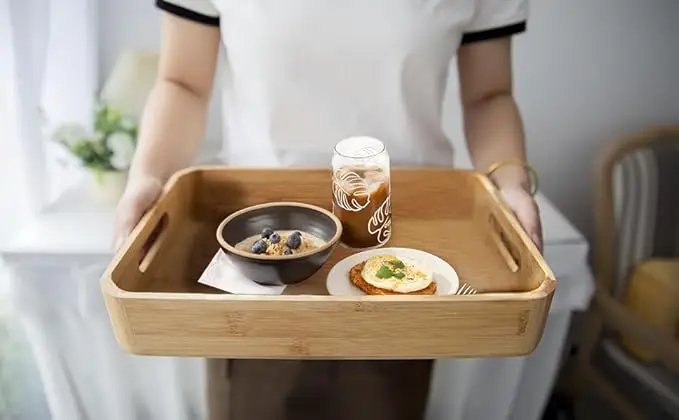 2 Pack Bamboo Tray-Serving Tray with Handles-Large Bamboo Wooden Tray,Food Tray,Tea Tray,Bar Tray