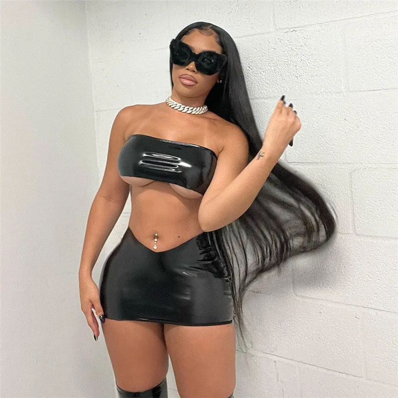 Sharee Hot Selling 2024 Summer Sexy Womens Skirts Leather Pu Sleeveless Wrap Crop Top Bodycon Mini Skirt 2 Piece Set Women