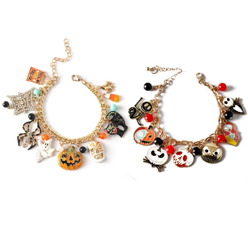 Wholesale custom punk metal Halloween bracelet with spider ghost pumpkin skull charms fashion jewelry bracelets for men women