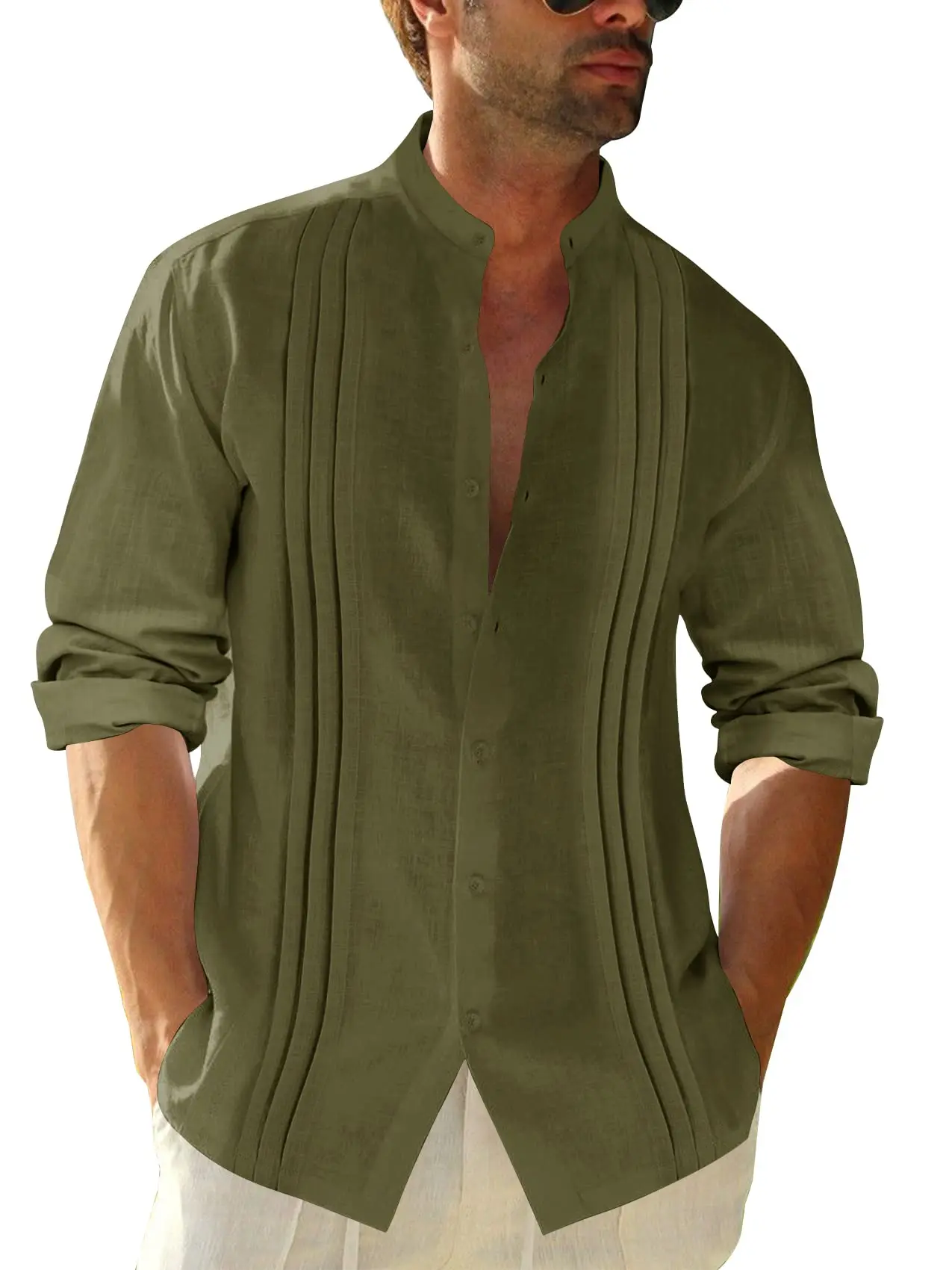 Mens Guayabera Button Down Shirt Linen Cotton Long Sleeve Cuban Camp Plain Summer Beach Shirts Top
