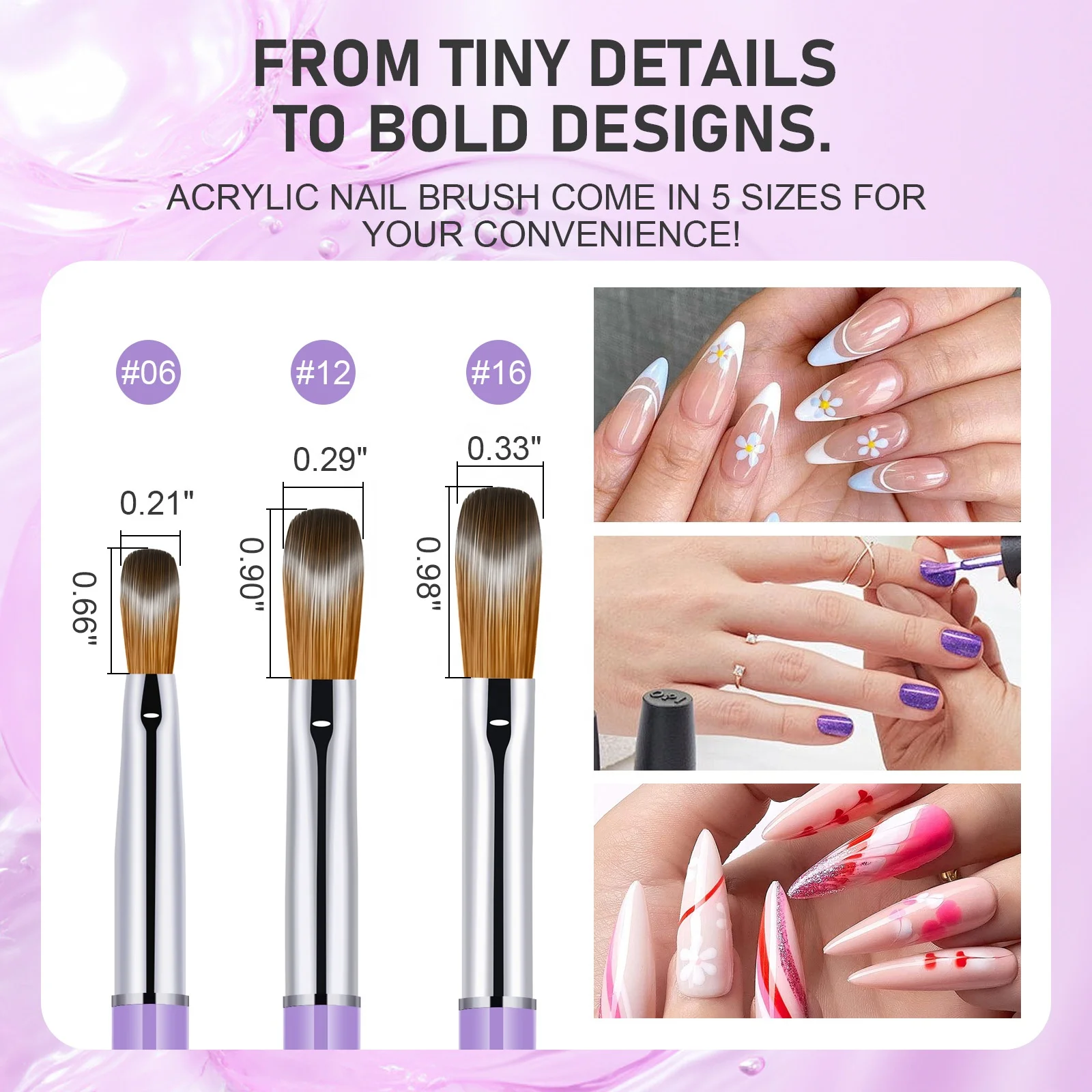 New Design Germany Kolinsky Acrylic Brushes Purple Liquid Spangle Handle Size #6 #12 #16 pinceles kolinsky