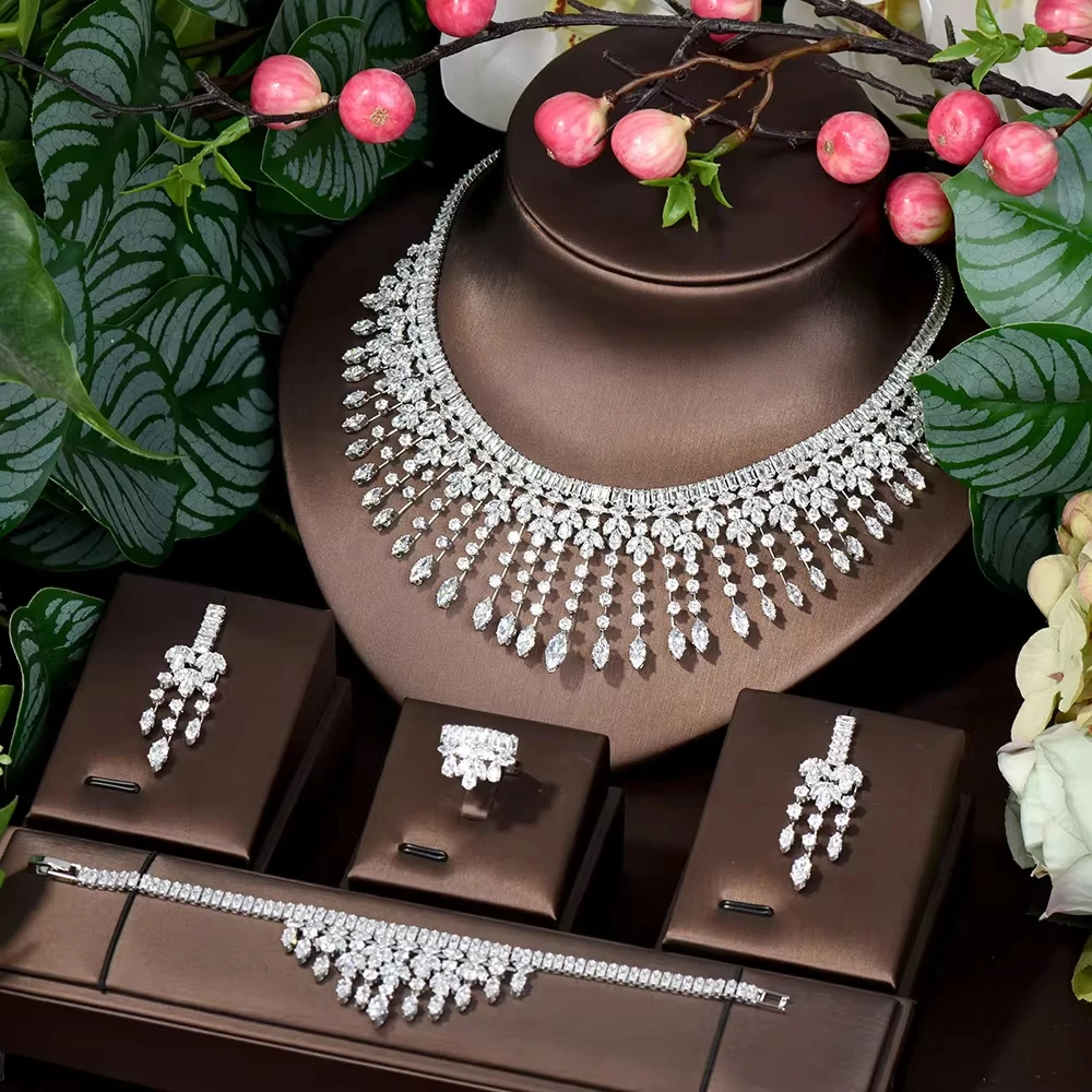 HIBRIDE Bling 4PCS Cubic Zirconia Paved Water Drop Women Big Costume Necklace Jewelry Sets For Brides Wedding Accessories N-1144