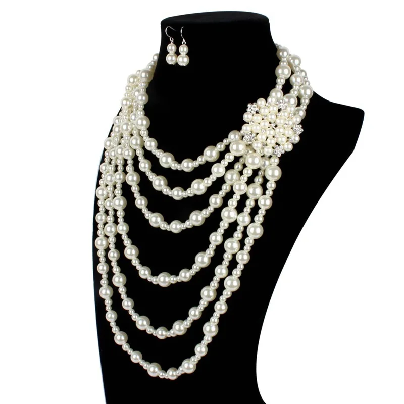 Multilayer Strand Simulated Faux Pearl Statement Long Sweater Chain Necklace and Earrings Set