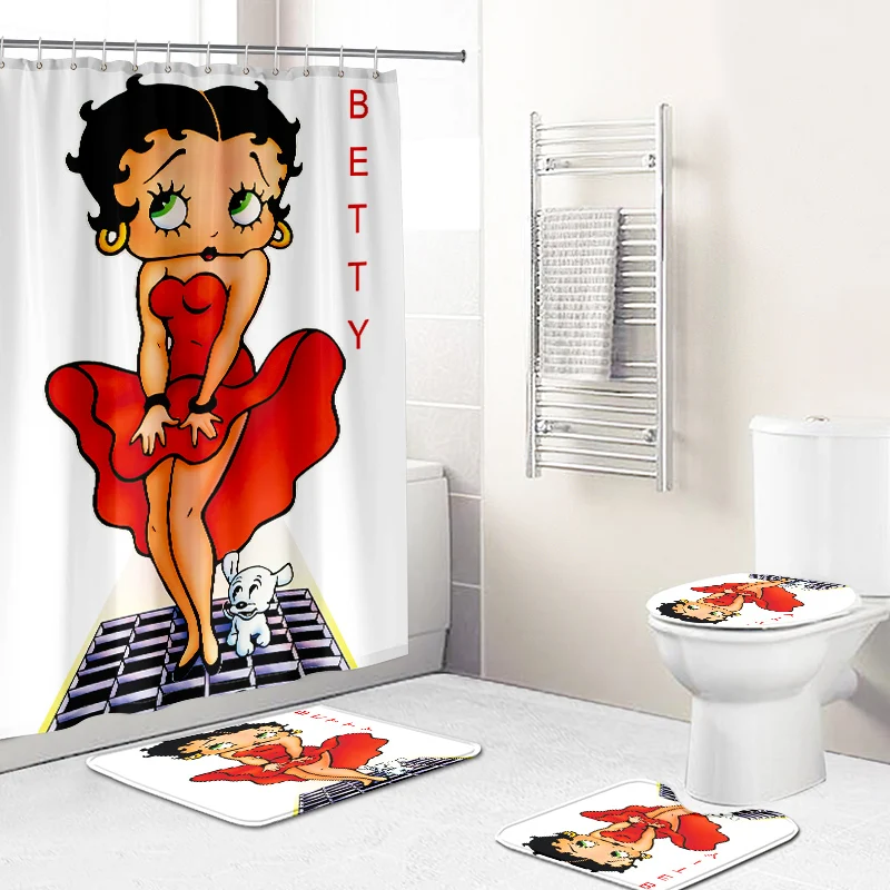 Новый дизайн индивидуальная занавеска для душа Betty Boop из полиэстера наборы ванной с 12 бесплатными