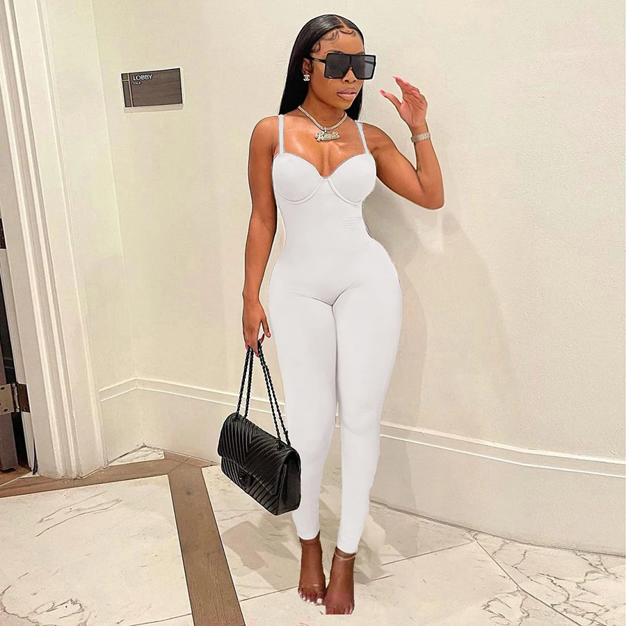 K21Q10418 Fashion Clothes 2022 Sleeveless Halter Jumpsuit High Street Solid Color Bodycon One Piece Plus Size Jumpsuit