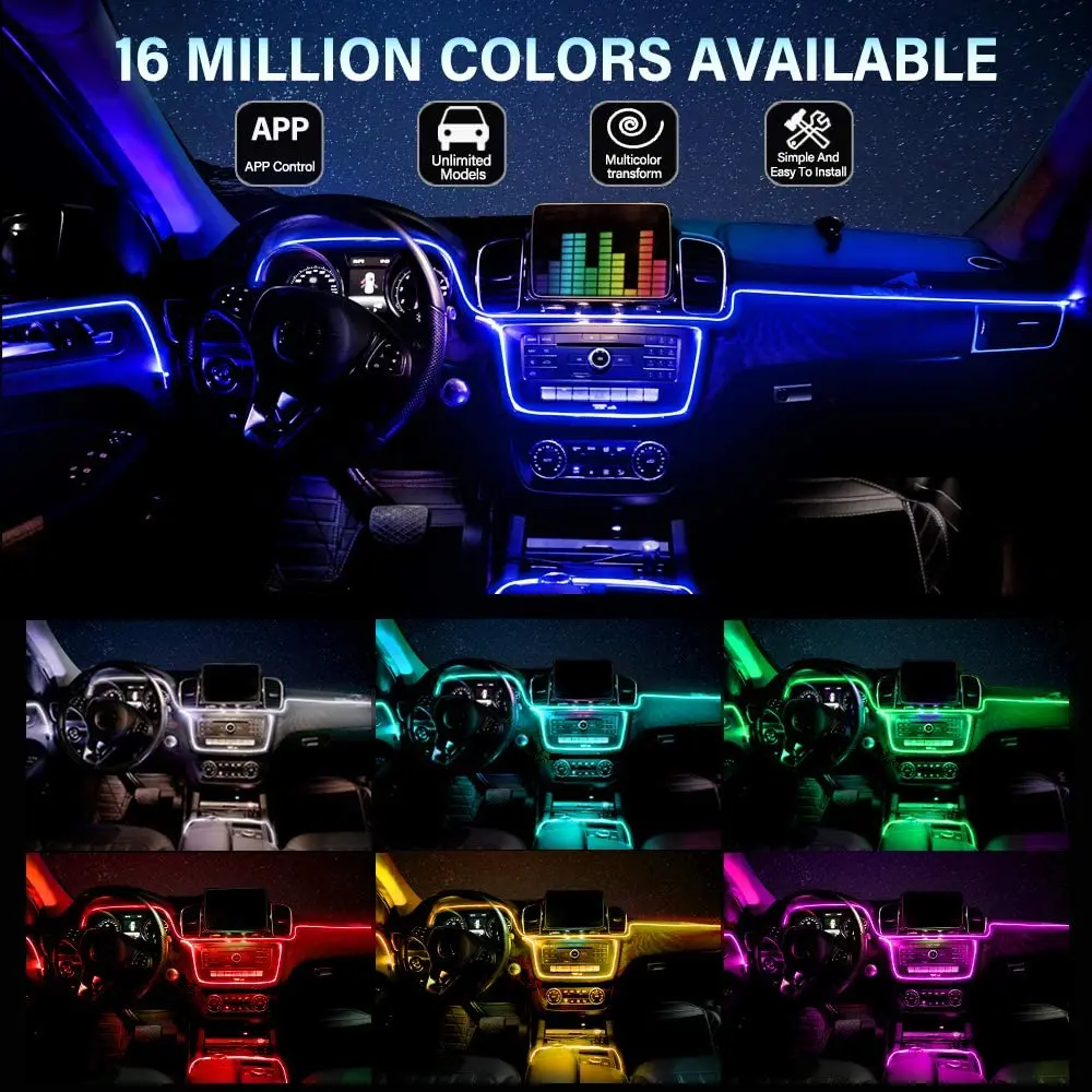 
RGB Car LED Interior Strip Lights Sound Active Automobile Atmosphere Ambient Lighting Kit Wireless APP Control 