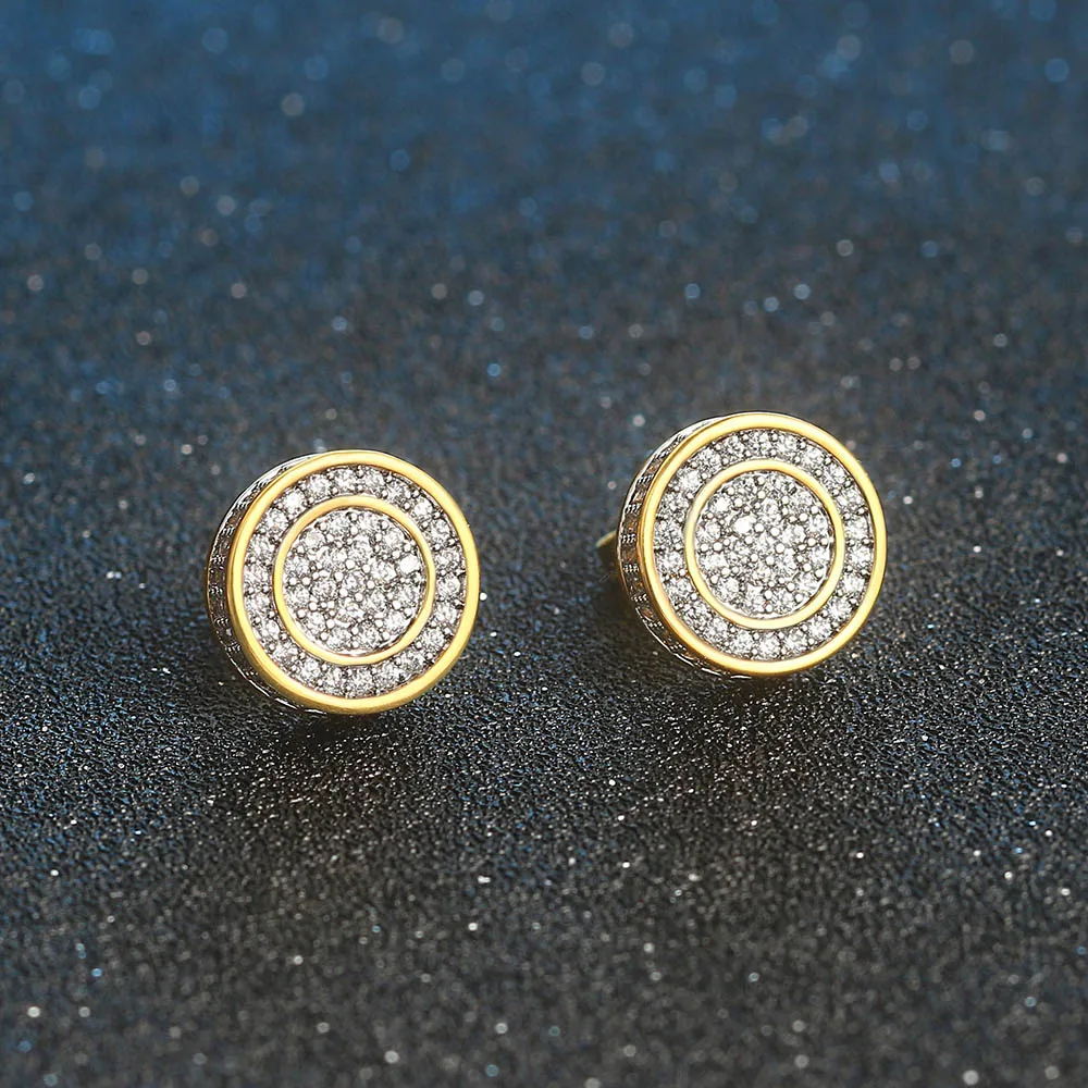 Hip Hop Ear Ring Jewelry Iced Out Sparkling Micro Zircon Diamond Pave 12mm Round Stud Earring for Mens