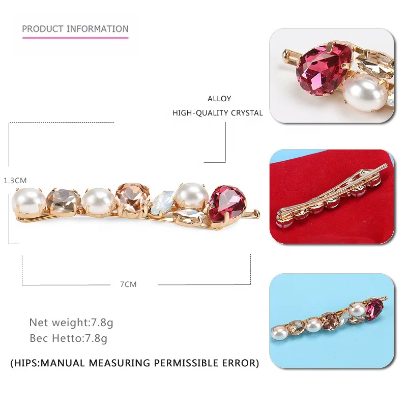 Women Gold Alloy Hair Clip Fashion Crystal and Pearl Hair Pins Colorful Crystal Pearl Hair Pin for Girls