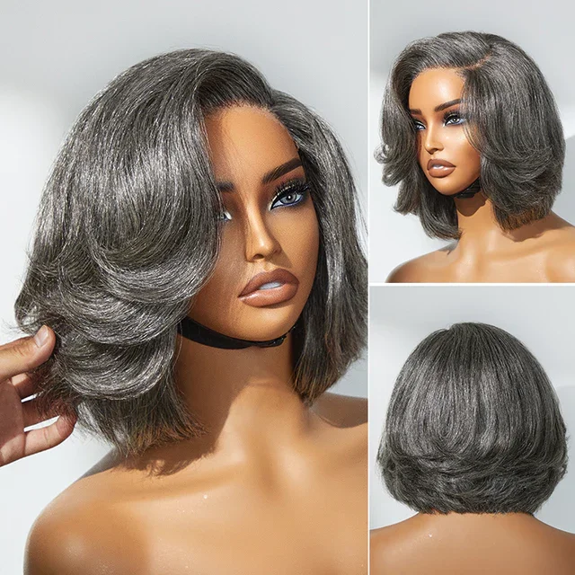 salt and pepper gray wigs for black women,human hair wigs grey salt and pepper,layered cut bob glueless 5x5 13x6 lace wig C part