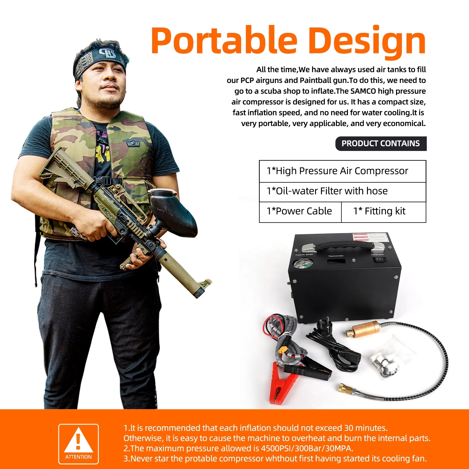 Air Gun and Paintball/Scuba Tank Compressor Pump Auto-shutoff Oil &Water-Free 4500Psi/30Mpa Air Compressor