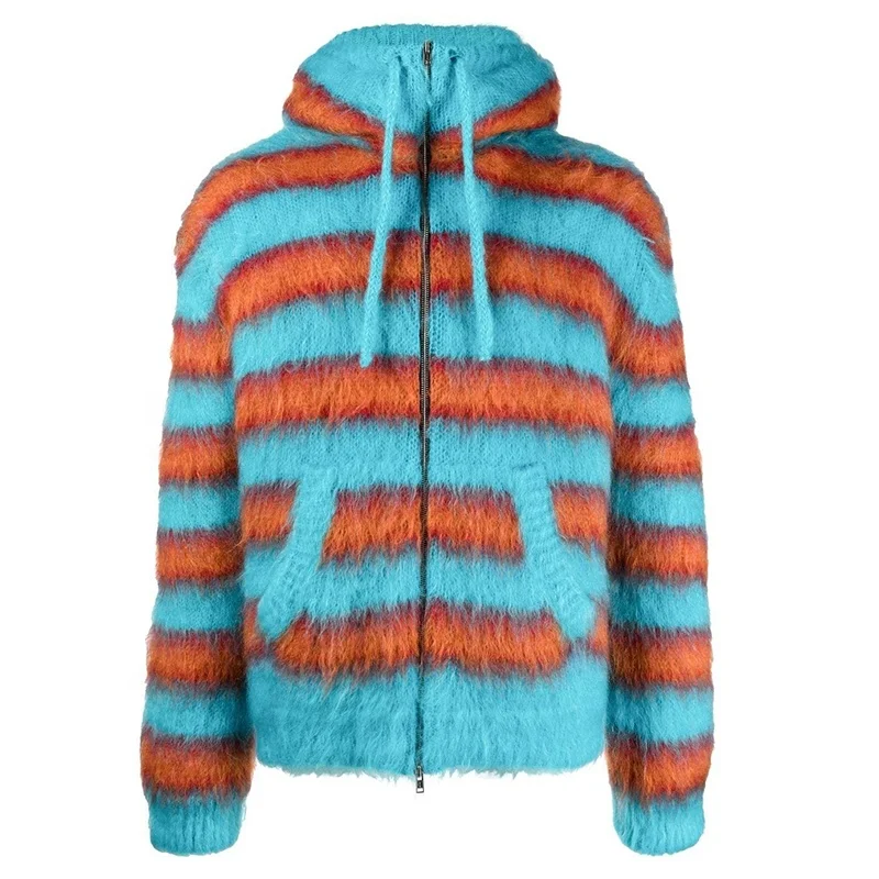 2023 Custom OEM & ODM mohair men sweater Fuzzy knitwear winter Striped mohair blend hooded knit Cardigan knitted sweater men