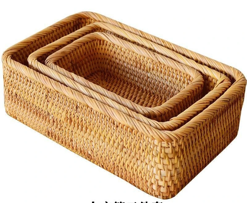 Environmental Friendly Hand - Woven Cosmetics Snacks Square Rattan Woven Set Of 3 - Piece Storage Box