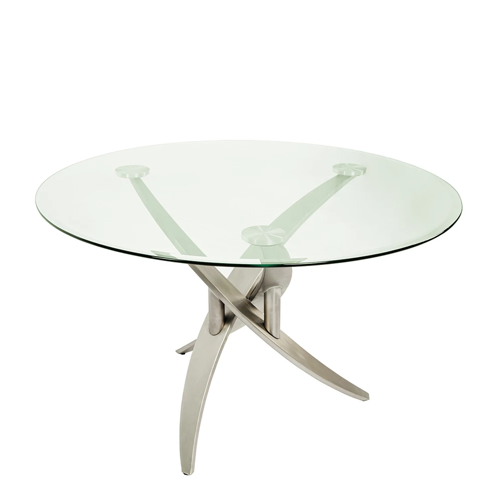 
Modern Minimalist Unique Designs Kitchen Furniture Transparent Glass Top Silver Metal Iron Base Round Dining Table With Chairs 