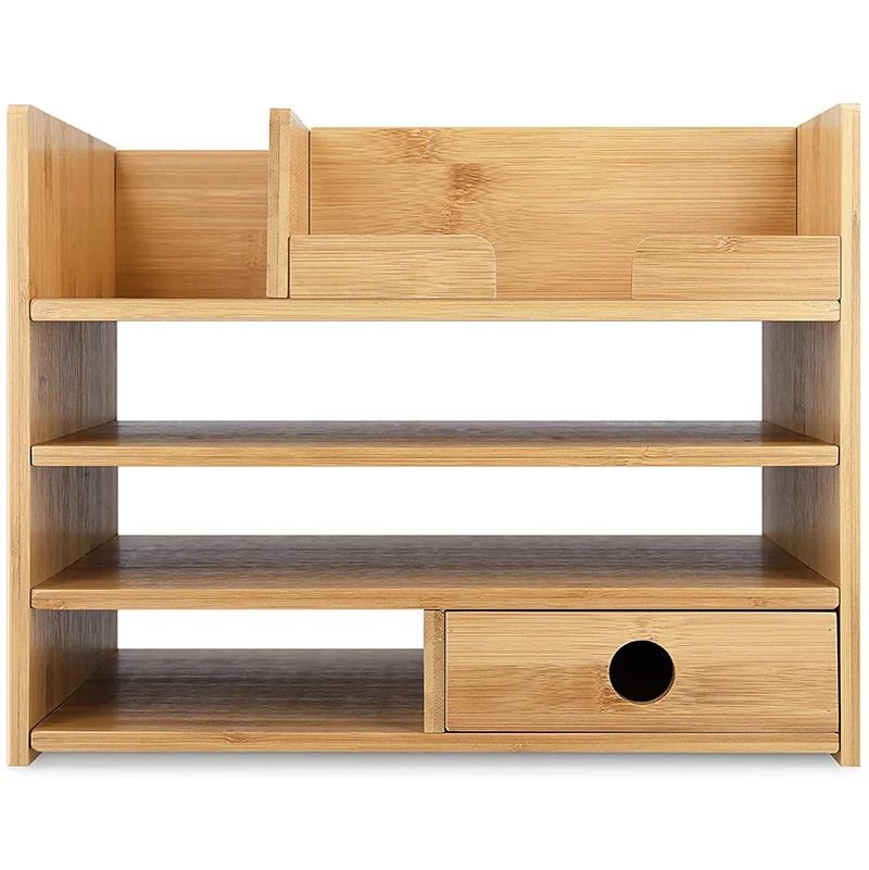 Bamboo Desk Organizer Wood Desktop Storage Drawers for Stationery, Documents Files Office Accessories