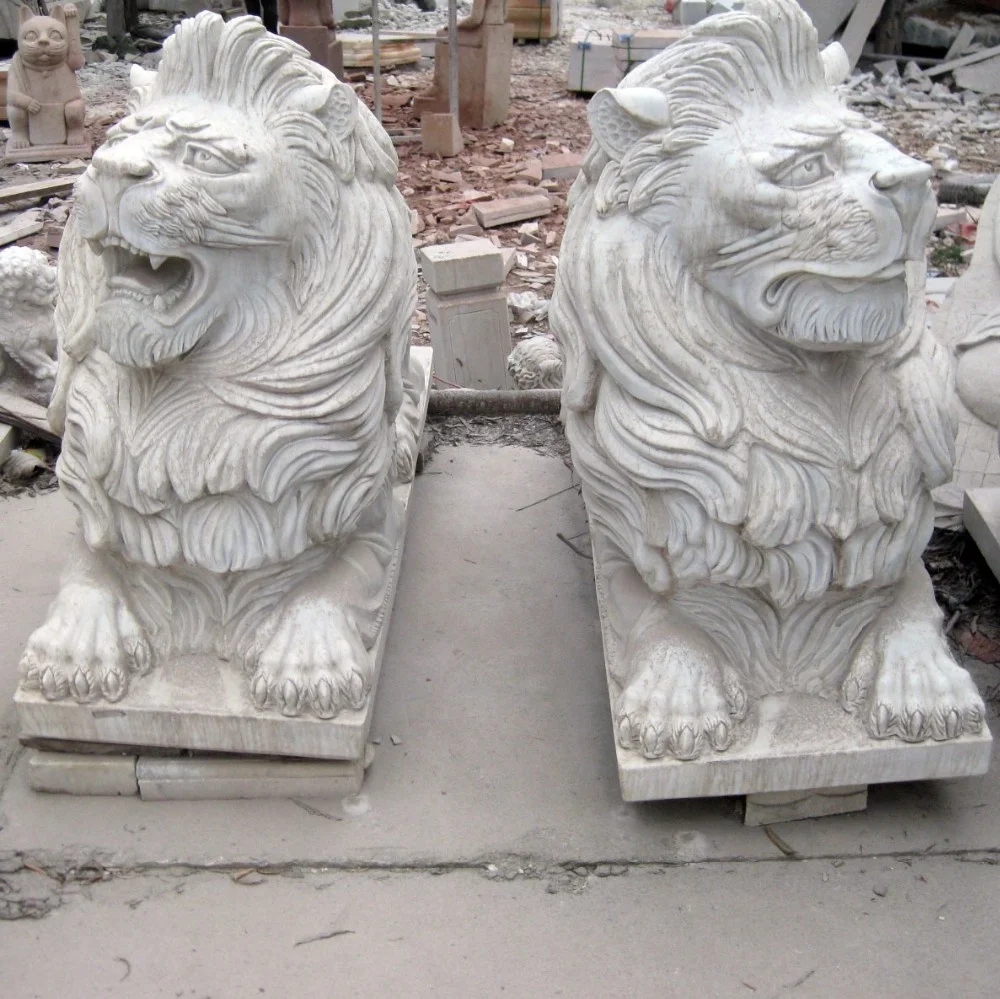 Life size hot selling sunset red marble stone lion sculpture for square bank company