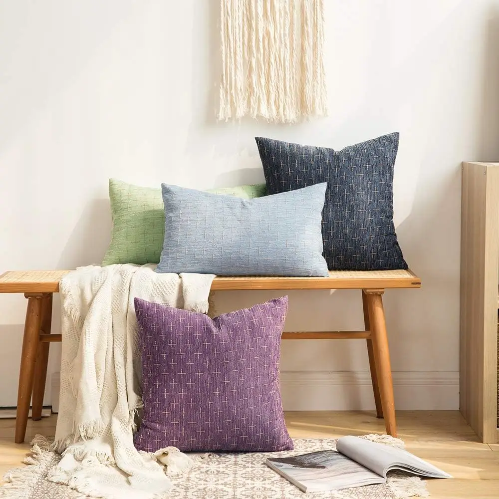 Modern Linen Throw Pillow Rustic Woven Textured Solid Pattern Cushion for Sofa & Bed Decorative Bed Pillows