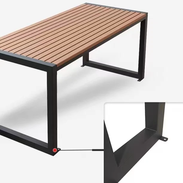 Outdoor Dining Set with Rectangular Metal Frame and Wood Like Tabletop Including 2 Chairs Bench Combining Plastic Wood Elements