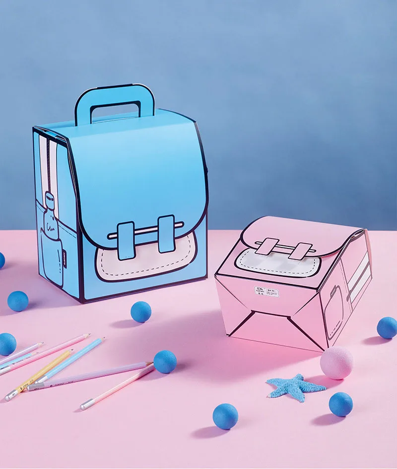 In Stock Blue Pink Schoolbag Shape Cartoon Printed Paper Birthday kids Gift Boxes Cardboard Candy Snack Sweet Packaging Box
