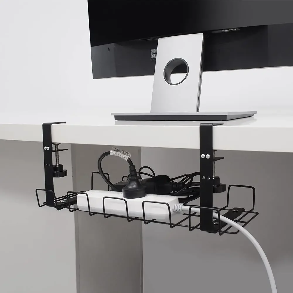 No Drill Cable Tray Basket for Wire Management, Sturdy Metal Cable Management Under Desk with Clamp for Home Office