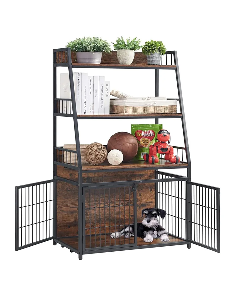 3-Layer Metal Bookshelf with Dog Cages 3-in-1 Storage Rack for Puppies Iron Wood Structure Flower Rack Shelves for Sundries