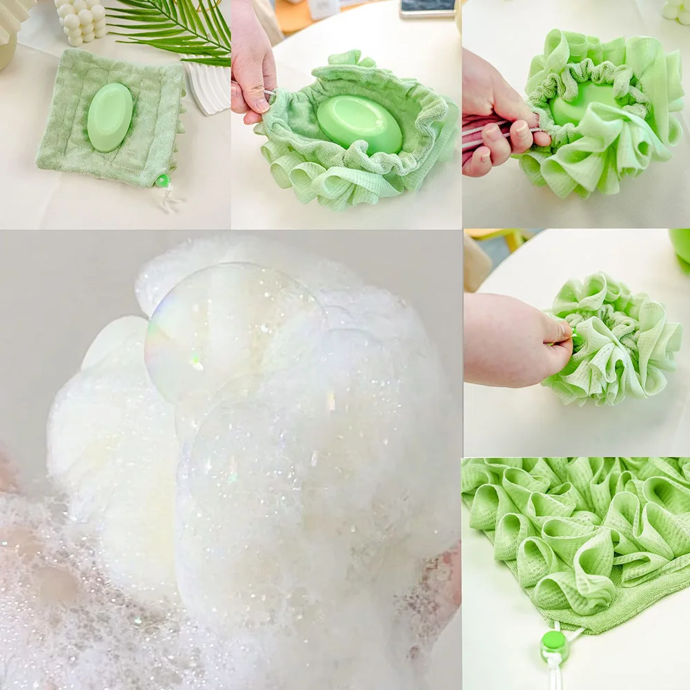 Soft Loofah and Washcloth 2 in 1 Bath Loofah Sponge Bath Ball Towel with Drawstring Shower Sponge for Body