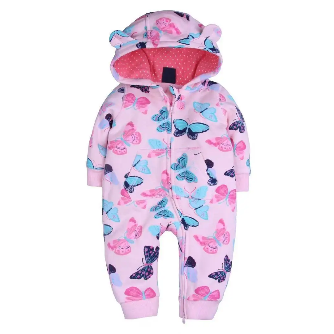Hot sale China winter baby cotton romper printed cartoon double layers hoodie newborn baby romper