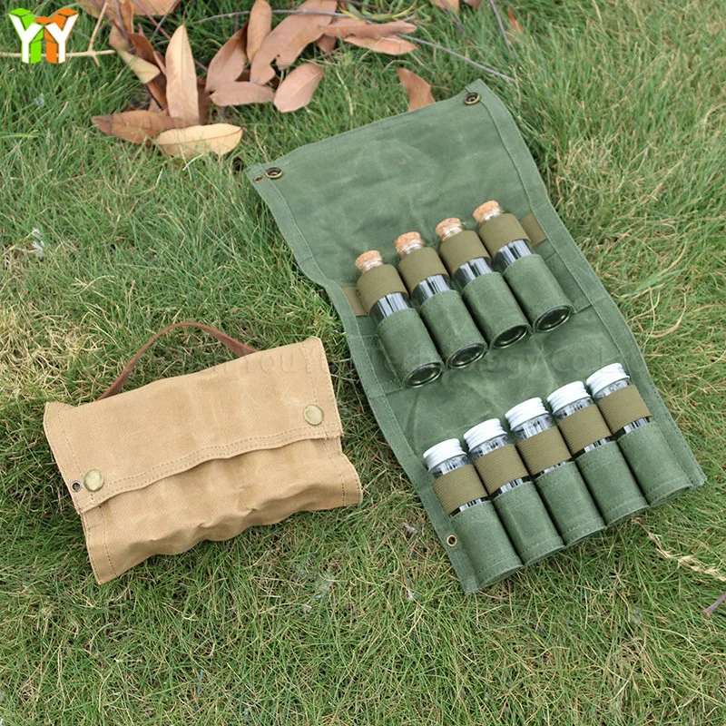 Outdoor Portable Spice Bag Waxed Canvas Seasoning Bottle Storage Bag with Leather Handle Camping BBQ Seasoning Storage Organizer