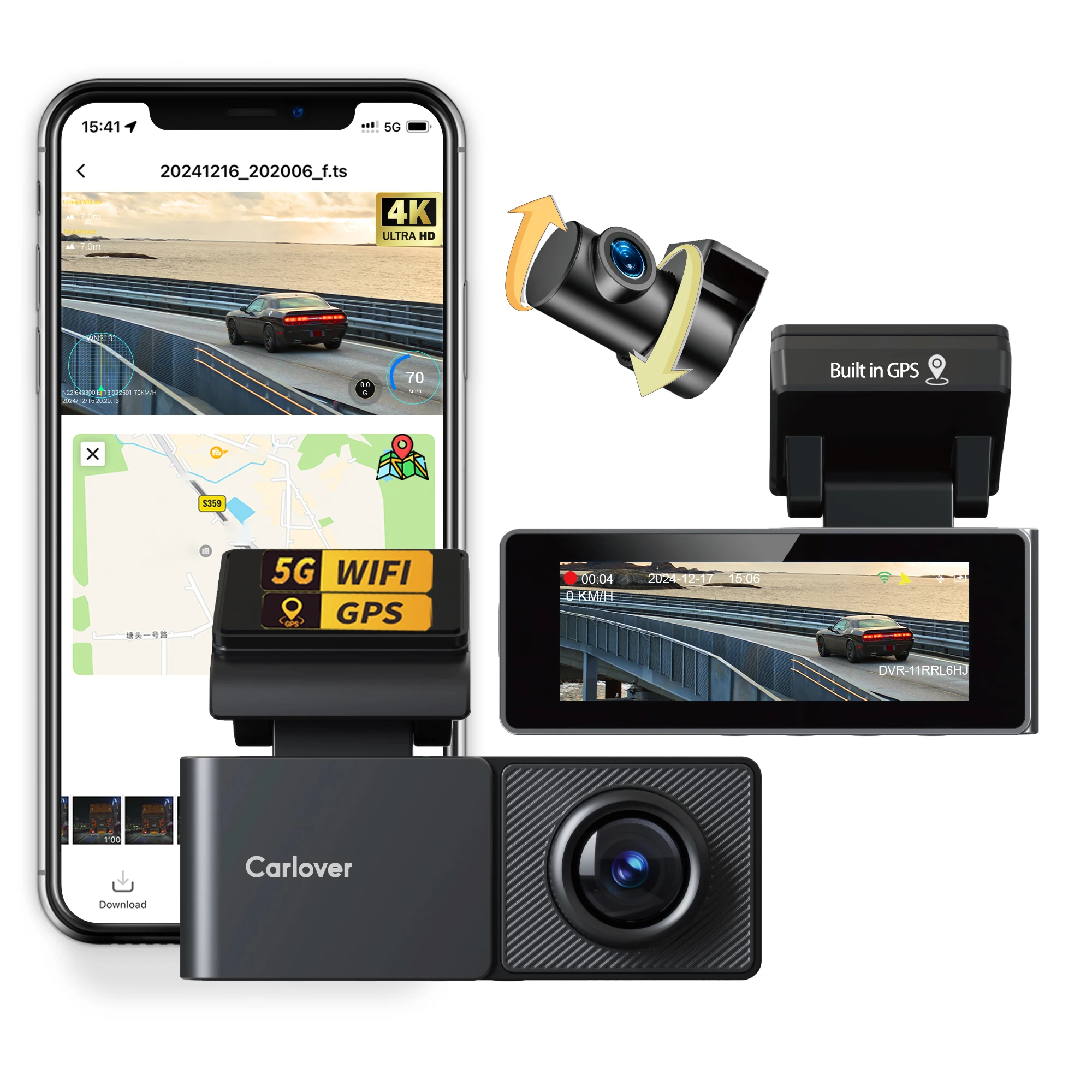 Carlover Dash Vam 5G WIFI GPS 4K Super Night Vision Loop Recording Car Black Box Dash Camera Front and Rear 4K Recording DVR