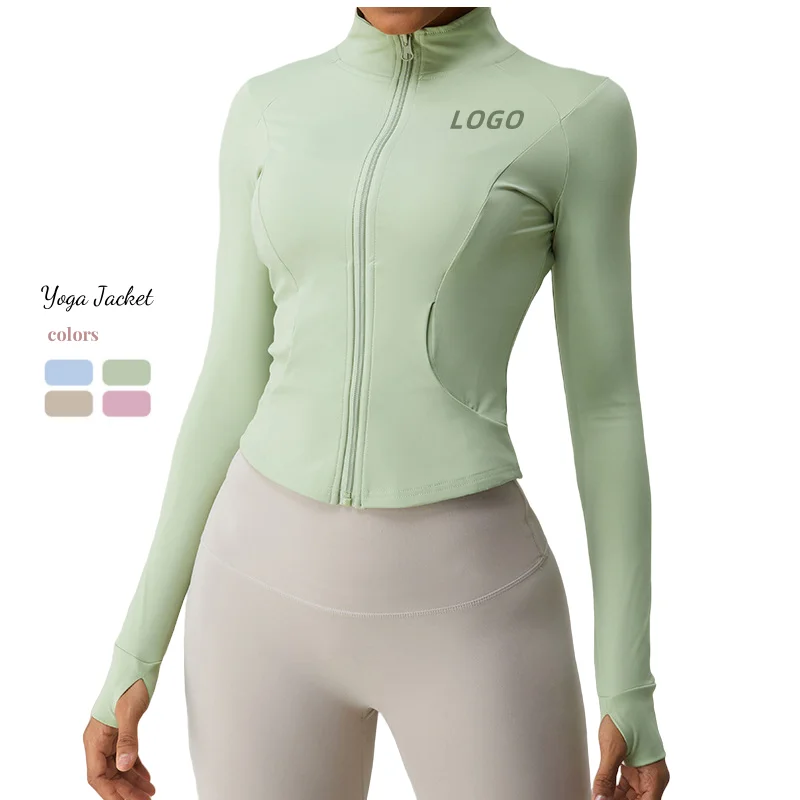 2023 New Nylon Spandex Nude Zip Up Yoga Coat Soft Gym Fitness Top Quick Dry Women Yoga Jacket With Pockets Thumb Hole
