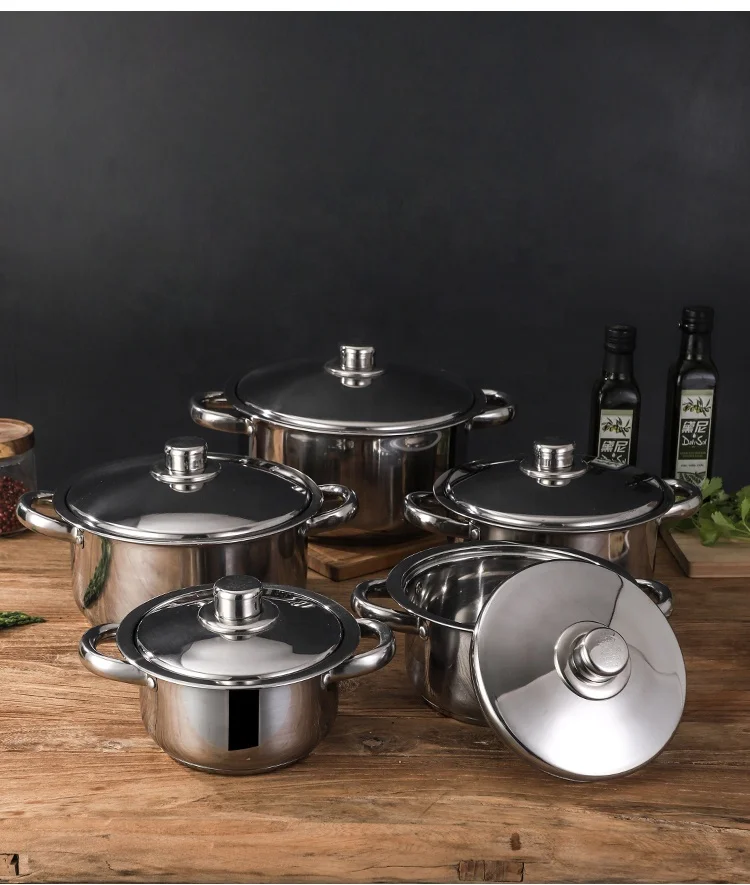 
Amazon Hot Sale 10pcs Tri-ply Stainless steel Cooking pot set kitchen Sandwich Bottom nonstick cookware sets 