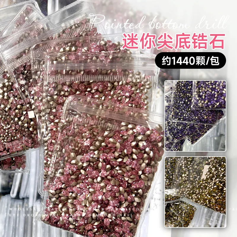 1440pcs/bag champagne Nail Rhinestone Pointed Bottom Multi-Size Nail Crystal Diamond drops square 3D Bulk Drill Manicure