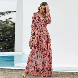 Summer Bohemian Lady Stylish Maxi Long Sleeve Maxi Dress Wild Lotus Ruffle Tiered Floral Womens Dresses for Ladies