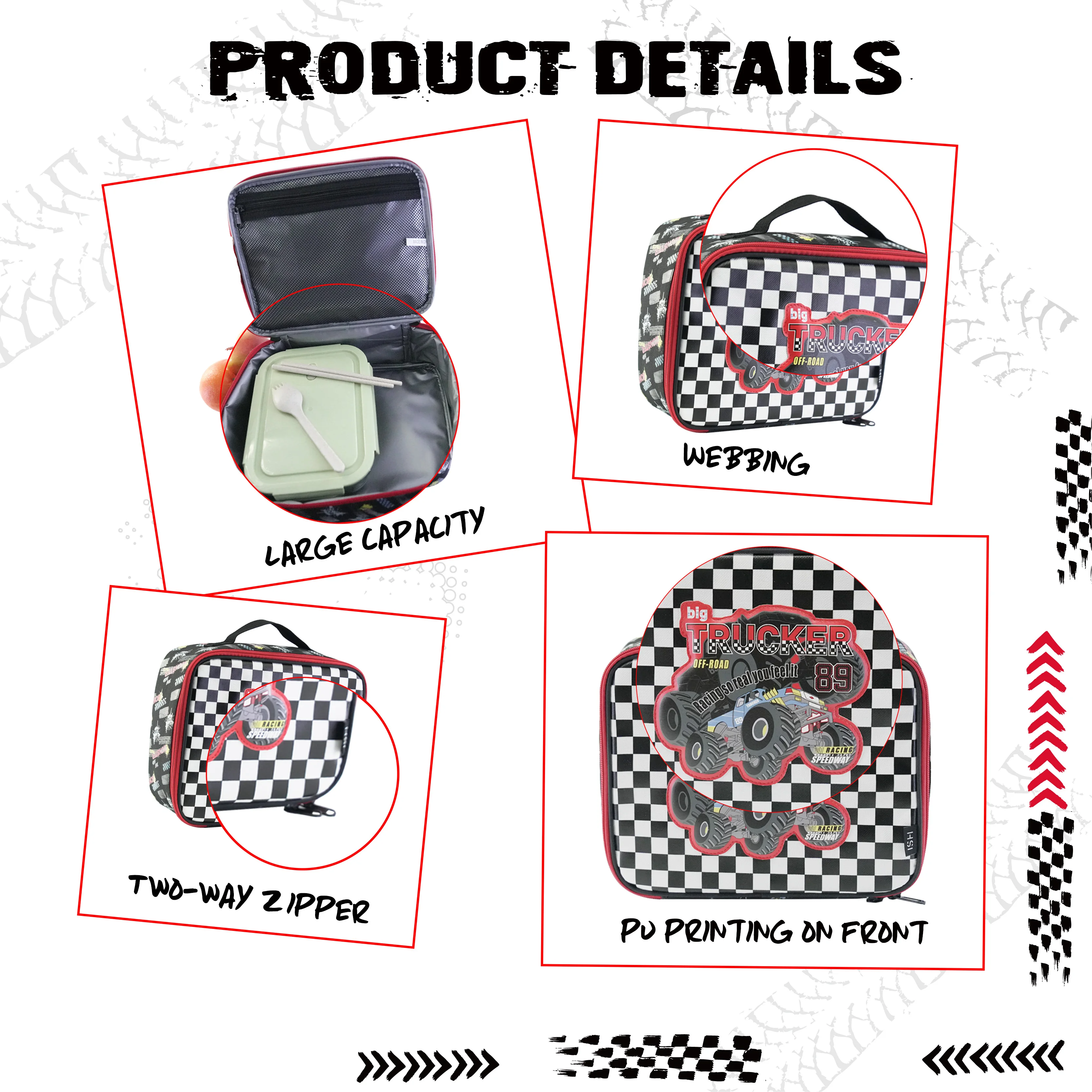 HSI Monster Truck Series Cute Cartoon Car Insulation Bag Tartan Portable Lunch Cooler Bag Students Thermal Bento Meals Food Bag