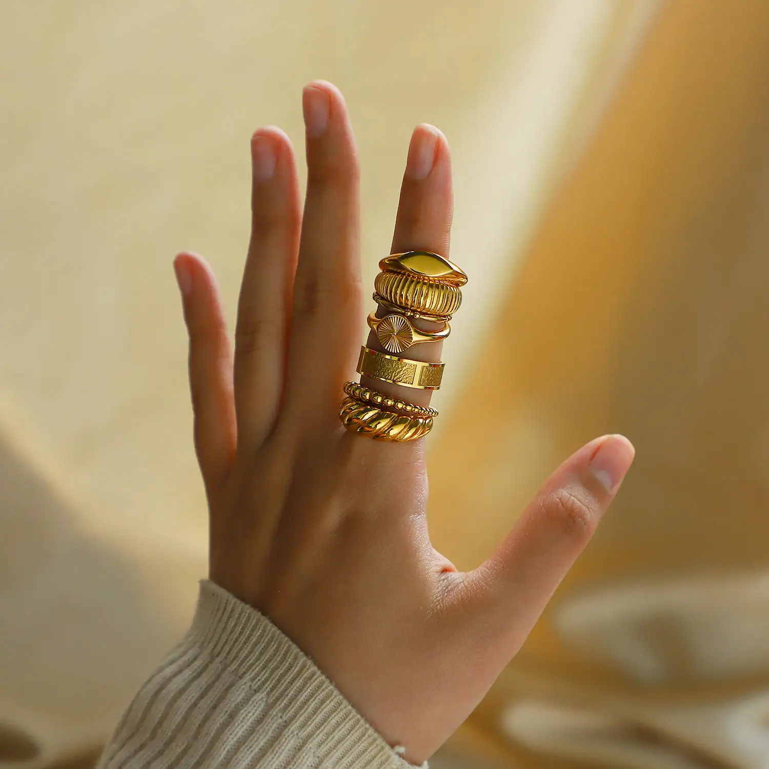Jewelry Set Horn Wrap Chunky Rings Gold 2023 Stainless Steel Plated 316l Waterproof Environmental Friendly 6 7 8 5 Pcs