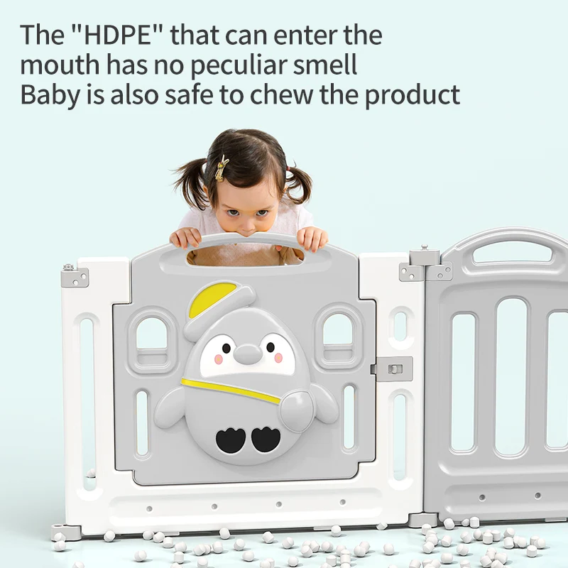 Penguin grey and white plastic foldable safe playgrounds, indoor playpens for babies and children, kid playpen