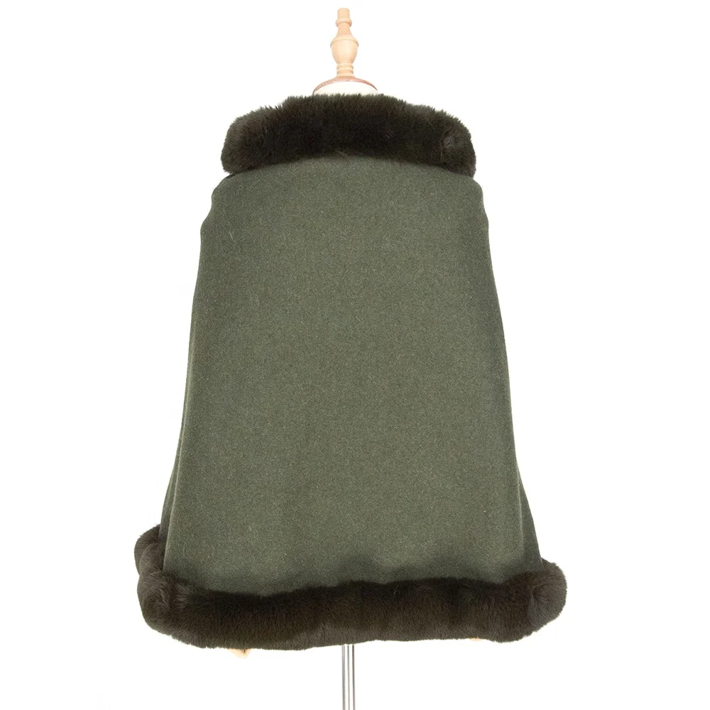 
Wholesale Army Green Women Winter Cape Poncho Blending Pashmina Fur Stole Shawl Scarf With Fur Trim 