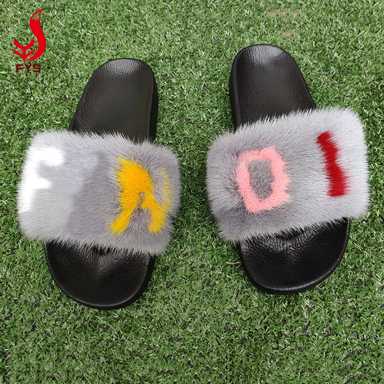 
Custom brand any color popular light green 100% mink fur slides for women baby 