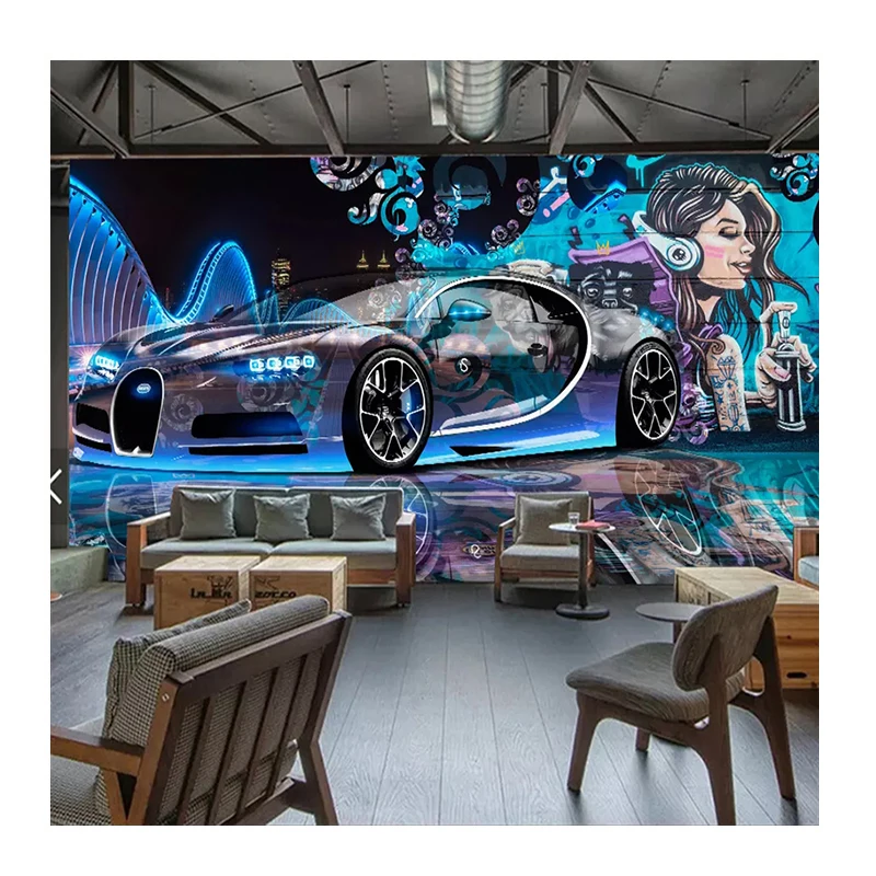 KOMNNI Custom Mural Street Graffiti Wallpaper Sports Car Creative 3D Wallpaper For Restaurant Cafe Bar Decoration Wall Painting