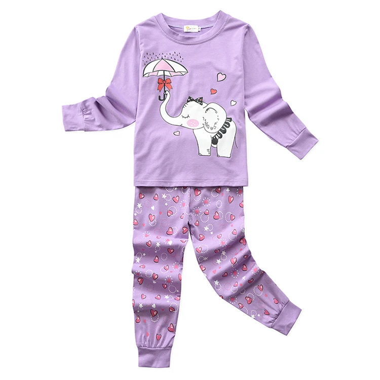 Cute Children Girls Sleepwear Long Sleeve Cartoon Elephant Print Pajama Sets